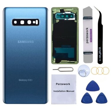 Perzework Rear Back Glass Replacement for Samsung Galaxy S10 Plus with Reparing Tool kit and PreInstalled Adhesive Prism Blue