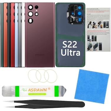 ASDAWN Galaxy S22 Ultra Back Glass Cover Housing Door Replacement with PreInstalled Camera Lens Installation Manual Tools for Samsung Galaxy S22 Ultra 5G SMS908 All Carriers Burgundy