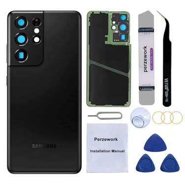 Perzework Rear Back Glass Replacement for Samsung Galaxy S21 Ultra 5G with PreInstalled Adhesive and Repair Tool Kits Phantom Black
