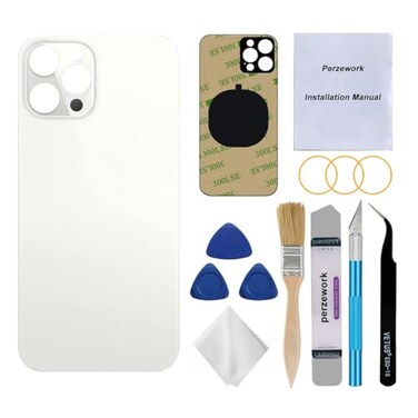 Perzework OEM Back Glass Replacement Silver Compatible with iPhone 12 pro max 67 inches All Carriers with PreInstalled Adhesive and Repairing Tool Kits