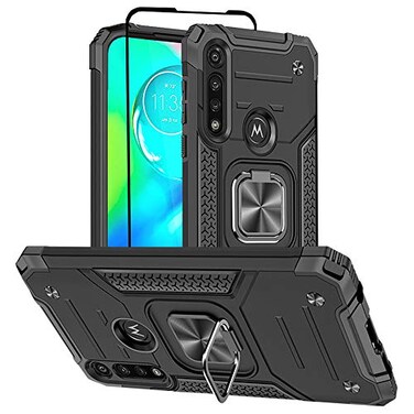 HNHYGETE for Moto G Power Case with Screen Protector Hard Rubber Bumper Shockproof Tough Rugged with 360 Rotation Ring Kickstand Cases for Moto G Power 2020 Black