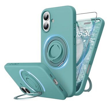 SURPHY 360 Magnetic Stand for iPhone 16 Case with Finger Ring Compatible with MagSafe with Screen Protector Ring Stand and Finger Phone Case for 16 61 inch 2024 Green
