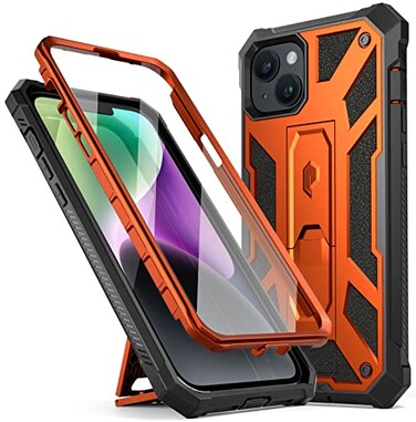 Poetic Compatible with iPhone 14 Case Spartan Phone Case for iPhone 14 with Screen Protector Full Body Rugged Premium Leather Texture Shockproof Protective Cover with Kickstand Metallic Orange