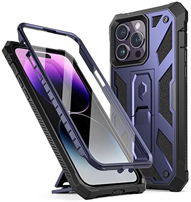 Poetic Compatible with iPhone 14 Pro Max Case Spartan Phone Case for iPhone 14 Pro Max Full Body Rugged Leather Texture Shockproof Protective Cover with Screen Protector and Kickstand Metallic Blue