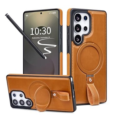 Butaiga for Samsung Galaxy S25 Ultra Case Leather with Stand AntiSlip Grip Ring Fits for MagSafe Brown S25 Ultra