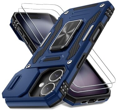 DEERLAMN Case for iPhone 16 with Slide Camera CoverScreen Protector 2 Packs Rotated Ring Kickstand Military Grade Shockproof Protective CoverNavy Blue