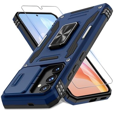 DEERLAMN Case for Samsung Galaxy S25 62Inch with Slide Camera CoverScreen Protector 1 Pack Rotated Ring Kickstand Military Grade Shockproof Protective CoverNavy Blue