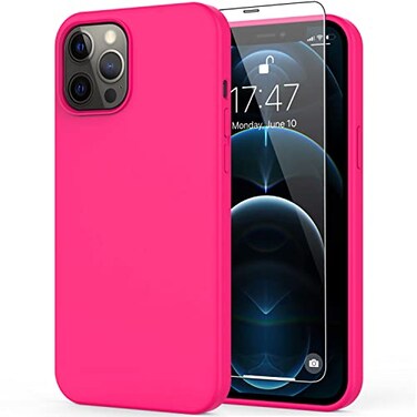 DEENAKIN Compatible with iPhone 12 Pro Max Case with Screen ProtectorSoft Silicone Gel Rubber Bumper CoverSlim Fit Shockproof Protective Phone Cover Hot Pink