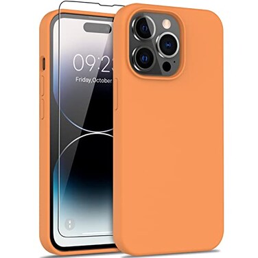 DEENAKIN Compatible with iPhone 14 Pro Max Case with Screen ProtectorSoft Liquid Silicone Gel Rubber Bumper CoverSlim Fit Shockproof Protective Phone Shell 67 Papaya Orange