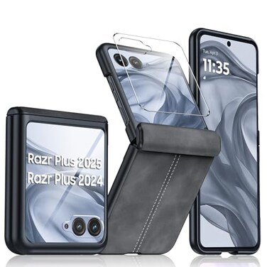 BSNRM for Motorola razr Plus 2026 Case Razr Plus 20252024 Case Builtin Screen Protector Hinge Protection Ultra Thin PU Leather Matte Shockproof Case for Moto Razr 202620252024Black Gray
