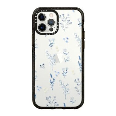 CASETiFY Impact Case for iPhone 12 iPhone 12 Pro Small Blue Flowers Clear Black