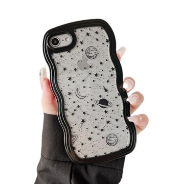 ZTOFERA for iPhone 78SE Case 47 inchCute Curly Wave Frame Shape Case with Star Space Pattern Clear Slim Shockproof Hard PC Bumper Phone Cover for iPhone 78SE Black