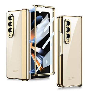Clatoxi Transparent Plating Case for Samsung Galaxy Z Fold 4 Case with Screen Protector and Magnetic Hinge ProtectiveFull Protective Shockproof AntiYellow Crystal Clear Cover for Samsung Z Fold 4 Gold