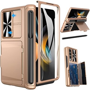 Viaotaily for Galaxy Z Fold 4 Case with Card Holder S Pen Holder Hinge Protection Builtin Screen Protector Slide Camera Lens Cover Durable Case for Galaxy Z Fold 4 2022 Rose Gold