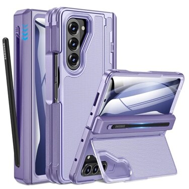 Caka for Samsung Galaxy Z Fold 5 Case Thinner S Pen Holder Hidden Kickstand Hinge Protection Screen Protector Full Body Hard Shockproof Phone Cover with AntiSlip Textured for Fold5 Purple