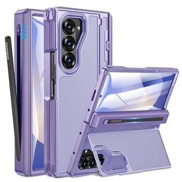 Caka for Samsung Galaxy Z Fold 6 Case Thinner S Pen Holder Hidden Kickstand Hinge Protection Screen Protector Full Body Hard Shockproof Phone Cover with AntiSlip Textured for Fold6 Purple