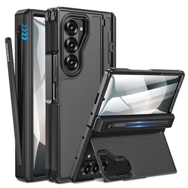 Caka for Samsung Galaxy Z Fold 6 Case Thinner S Pen Holder Hidden Kickstand Hinge Protection Screen Protector Full Body Hard Shockproof Phone Cover with AntiSlip Textured for Fold6 Black
