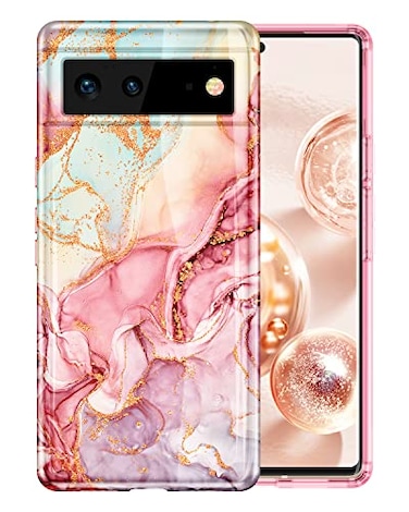 Btscase for Google Pixel 6 Case Gold Glitter Bling Marble Pattern Hard PC Slim Fit Shockproof Full Body Rugged Drop Protective Women Girls Cover Cute Case for Google Pixel 6 2021 Rose Gold