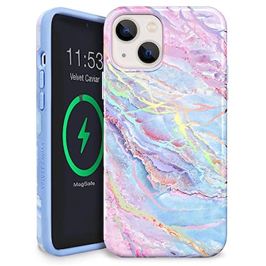 VELVET CAVIAR for iPhone 13 Case Marble Girly Cute Protective Cover for Women Compatible with MagSafe 10ft Drop Tested Holographic Blue Pink