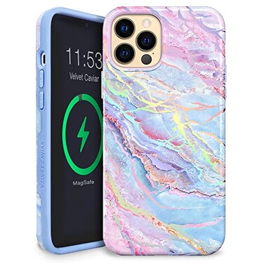 VELVET CAVIAR for iPhone 13 Pro Max Case Marble Girly Cute Protective Cover for Women Compatible with MagSafe 10ft Drop Tested Holographic Blue Pink