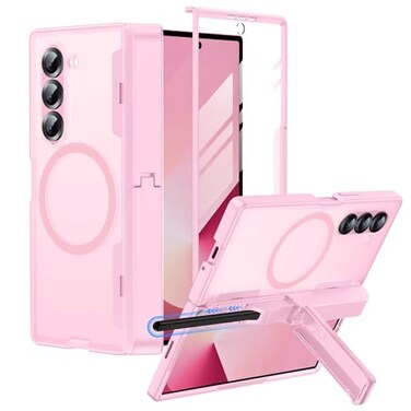 MAKAVO for Samsung Galaxy Z Fold 6 Case with S Pen Holder Fit for MagSafe Builtin Screen Protector Hinge Cover Stand Translucent Matte Full Body Protection Phone Case Pink