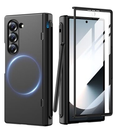 MAKAVO for Samsung Galaxy Z Fold 6 Case with S Pen Holder Front Screen Protector Hinge Protection Compatible with MagSafe Fold6 Slim Full Body Protection Magnetic Phone Cover Black
