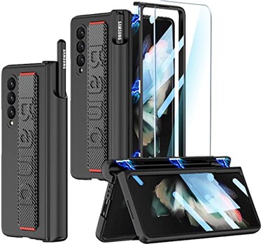 SOUTEM for Samsung Galaxy Z Fold 3 Case with Wrist Strap Screen Protector S Pen SlotMagnetic Hinge Protective Bumper Case Ultra Slim Shockproof AntiScratch for Samsung Z Fold 3 5G Black