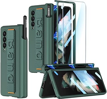 SOUTEM for Samsung Galaxy Z Fold 3 Case with Wrist Strap Screen Protector S Pen SlotMagnetic Hinge Protective Bumper Case Ultra Slim Shockproof AntiScratch for Samsung Z Fold 3 5G Green