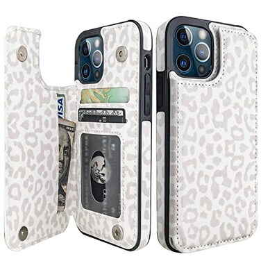 HAOPINSH for iPhone 1212 Pro Wallet Case with Card Holder White Leopard Cheetah Pattern Back Flip Folio PU Leather Kickstand Card Slots Case for Women Girls Double Magnetic Shockproof 61