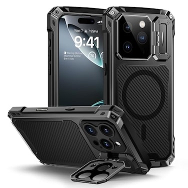 Lanhiem for iPhone 16 Pro Max Metal Case with Camera Cover Stand Compatible with MagSafe Builtin Kickstand MilitaryGrade Protection Heavy Duty Rugged Magnetic Phone Case Black
