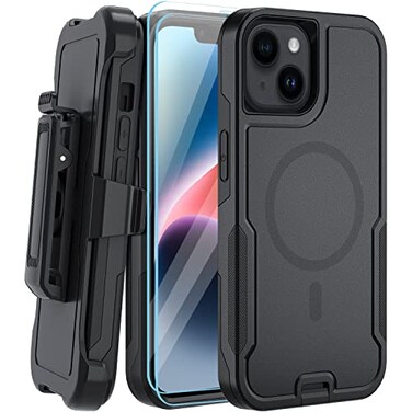 MUITQ 5in1 Magnetic Case for iPhone 1314 Heavy Duty Case with Belt Clip Holster Tempered Glass Screen Protector 2 Pcs Black