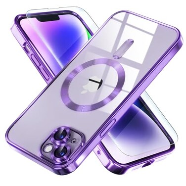 Misea Magnetic for iPhone 14 Plus Case Compatible with MagSafe Never Yellowing Military Grade Drop Protection Full Camera Lens Protector Plating Soft Clear Phone Case for Women Girls Purple