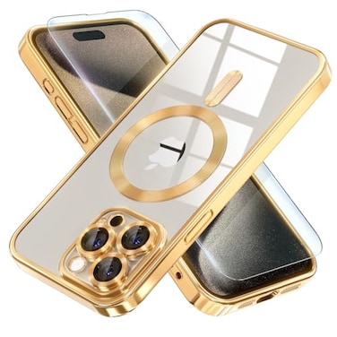 Misea Magnetic for iPhone 15 Pro Max Case with MagSafe Never Yellowing Military Grade Drop Protection Full Camera Lens Protector Plating Soft Clear Phone Case for Women Girls Gold