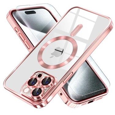 Misea Magnetic for iPhone 15 Pro Max Case with MagSafe Never Yellowing Military Grade Drop Protection Full Camera Lens Protector Plating Soft Clear Phone Case for Women Girls Pink