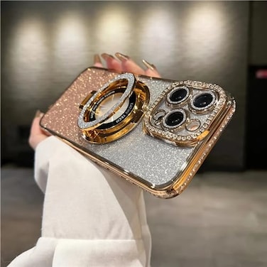 LXK Magnetic Stand for iPhone 16 Pro Max Case Compatible with MagsafeBuiltin Camera Lens Protector Glitter Bling Card Soft TPU Diamonds Bumper Protection Cover for Women Girls 69 Gold