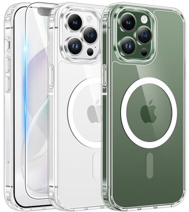 FNTCASE for iPhone 13 Pro Case Clear Magnetic Phone Cases with Screen Protector Compatible with Magsafe Slim Anti Yellowing Rugged Shockproof Protective Transparent Cell Phone Cover AClear