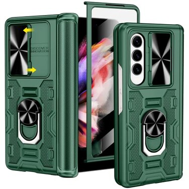 VEGO for Galaxy Z Fold 3 Case with Slide Camera Cover Hinge Protection Case with Front Screen Protector 360Ring Magnetic Kickstand Protective Armor Cover for Samsung Galaxy Z Fold 3 5G Dark Green