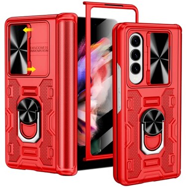 VEGO for Galaxy Z Fold 3 Case with Slide Camera Cover Hinge Protection Case with Front Screen Protector 360Ring Magnetic Kickstand Protective Armor Cover for Samsung Galaxy Z Fold 3 5G Vibrant Red