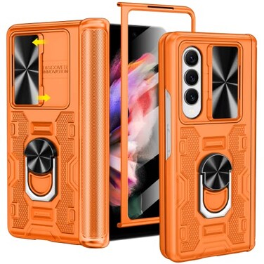 VEGO for Samsung Galaxy Z Fold 3 Case with Stand Slide Camera Cover Screen Protector 360Ring Magnetic Kickstand Military Grade Heavy Duty Protective Case for Galaxy Z Fold 3 Orange