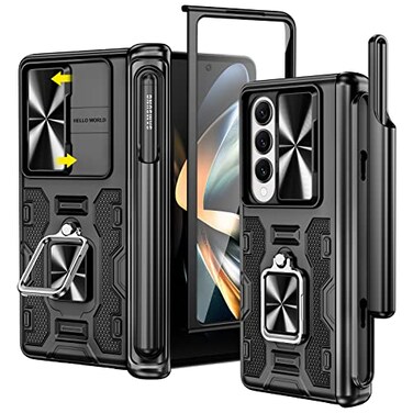 VEGO for Galaxy Z Fold 4 Case with S Pen HolderHinge Protection360degree Rotating KickstandSlide Camera CoverFront HD Screen Protector Protective Cover for Samsung Z Fold 4 Black