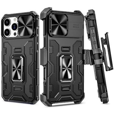 VEGO for iPhone 16 Pro Max Case with Belt Clip Holster Slide Camera Lens Protector 360Rotatable Ring Kickstand Military Grade Heavy Duty Protection Cover for 16 ProMax 5G 69 Inch Black
