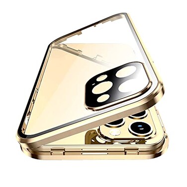 HENGHUI Lockable Case Compatible with iPhone 14 Pro Max Magnetic Glass Case with Camera Lens Protector Screen Protector Safety Lock 360 Full Body Glass Clear Bumper Cover Gold