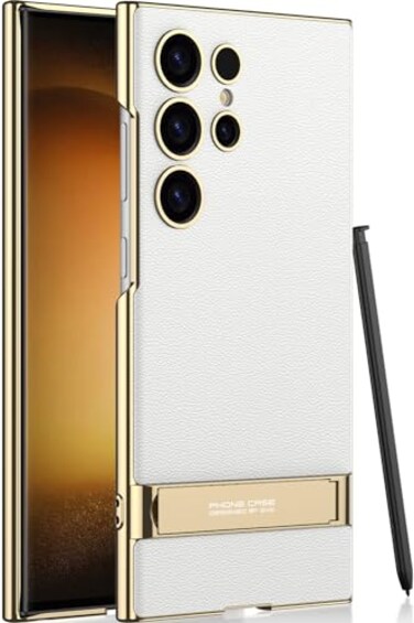 SOUTEM for Samsung Galaxy S23 Ultra Vegan Leather Case with 4 Modes Adjustable KickstandThin Flexible Soft Grip Luxury Vegan Slim Protective Shockproof Phone for Samsung Galaxy S23 Ultra White