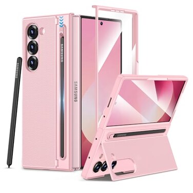 Maxdara for Z Fold 6 Case Galaxy Z Fold 6 Case with S Pen Holder Builtin Kickstand and Screen Protector Support Wireless Charging Shockproof Slim Phone Cover Pink