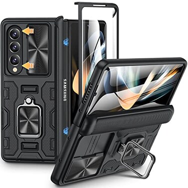 VEGO for Galaxy Z Fold 4 Case with Slide Camera Cover Hinge Protection Case with Screen Protector 360Magnetic Kickstand Protective Cover for Samsung Galaxy Z Fold 4 5G Black