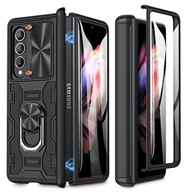 Caka Galaxy Z Fold 3 Case with Slide Camera Lens Cover Builtin Kickstand Ring Holder Tempered Glass Screen Protector Magnetic Case for Samsung Z Fold 3 5G Black
