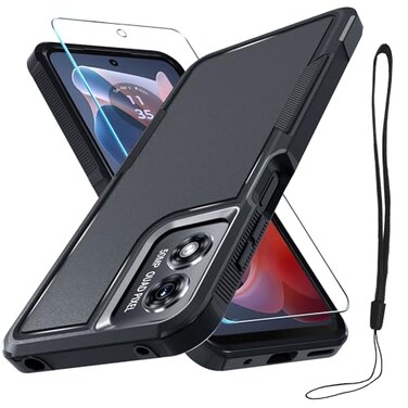 RMOCR for Motorola Moto G Play 2024 Case Full Body Heavy Duty Rugged Shockproof Protective Phone Cover with Lanyard Strap Tempered Glass Screen Protector and Camera Lens Cover Black Matte
