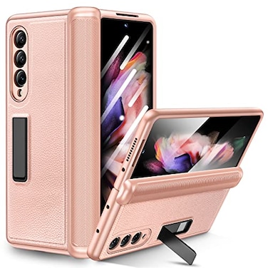 Ruky Kickstand Case for Samsung Galaxy Z Fold 3 with Hinge Protection Full Body Case with Builtin Screen Protector PU Leather Slim Protective Stand Cases for Samsung Galaxy Z Fold 3 5G Gold