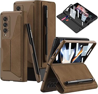 DEMCERT for Samsung Galaxy Z Fold 3 5G with S Pen SlotMilitary Armor Cases Full Body Protective AntiScratch Hard Slim Leather Bracket Case with Screen Protector for Galaxy Z Fold 3 5G Brown