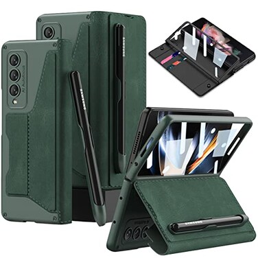 DEMCERT for Samsung Galaxy Z Fold 4 5G with S Pen SlotMilitary Armor Cases Full Body Protective AntiScratch Hard Slim Leather Bracket Case with Screen Protector for Galaxy Z Fold 4 5G Green